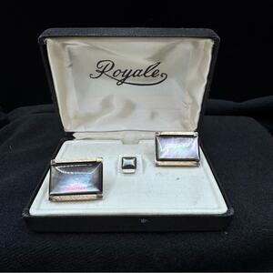 Vintage 60's Royale Dante Mother Of Pearl Glass Stone Cufflinks and Tie Clip Set